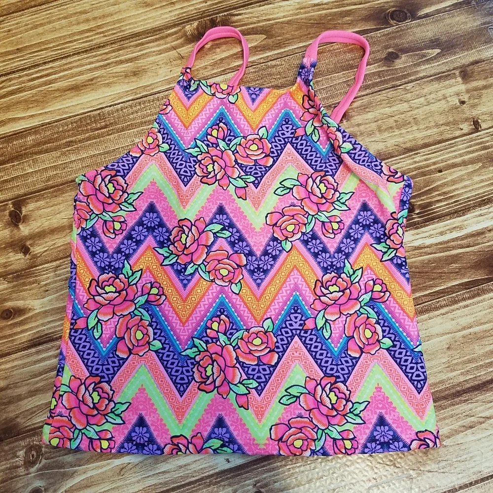 Wonder Nation Girls Tankini Swim Top Size M 7/8 Pink Rose Chevron Tribal